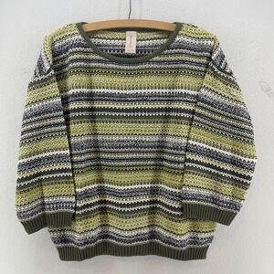 SKOVHUUS Crew Stripe Knit Sweater M Chunky Lagenlook Green Cream Black Olive